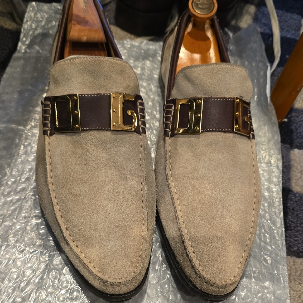 Dolce & Gabbana Taupe Suede Loafers with Gold Buckle